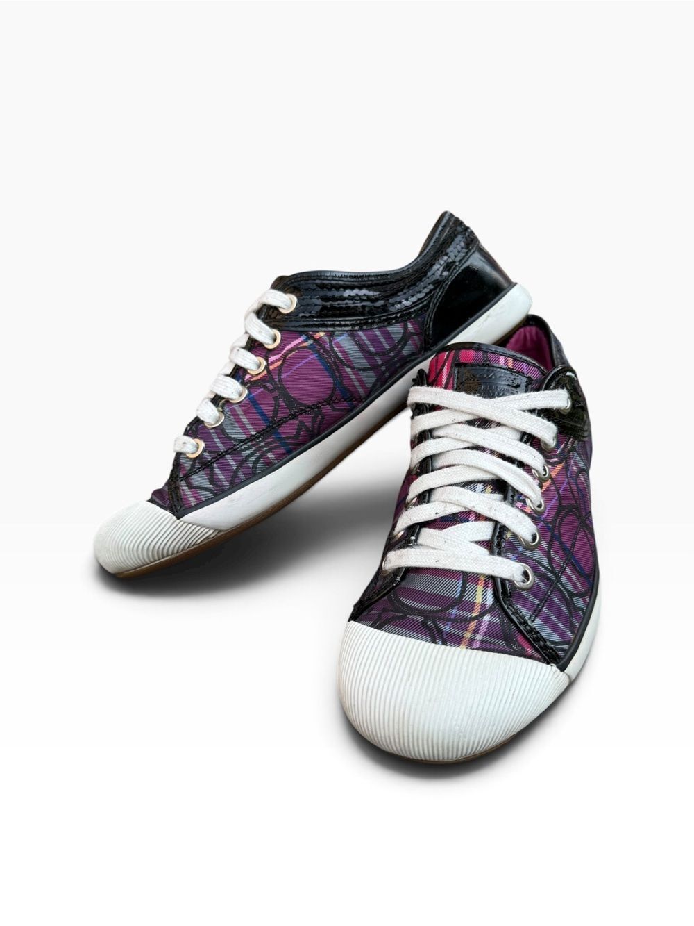 Coach Zorra Multi Plaid Signature C Low Top Sneakers Purple Sequin Trim Size 8.5 - Picture 4 of 7